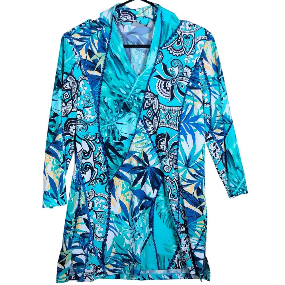 Chicos Womens Blouse Aqua Navy Abstract Floral Easy Wear 3/4 Sleeve Stretch 0